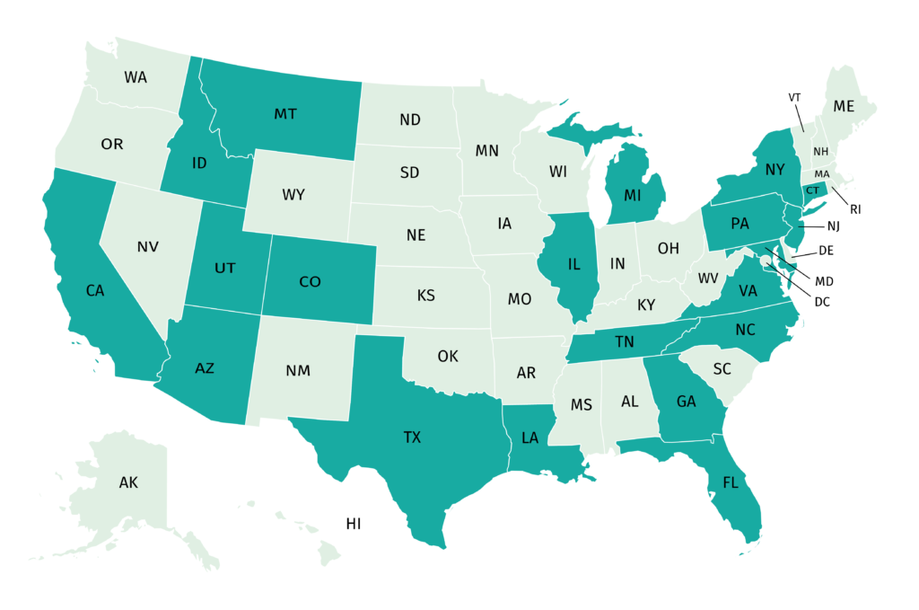 Map of states we've worked in - includes California, Utah, Arizona, Colorado, Idaho, Montana, Texas, Louisiana, Georgia, Florida, Tennessee, North Carolina, Virginia, Maryland, Pennsylvania, New Jersey, New York, Connecticut, Michigan, and Illinois